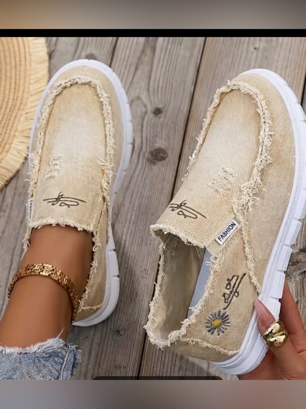 Casual Beige Frayed Slip-On Sneakers -